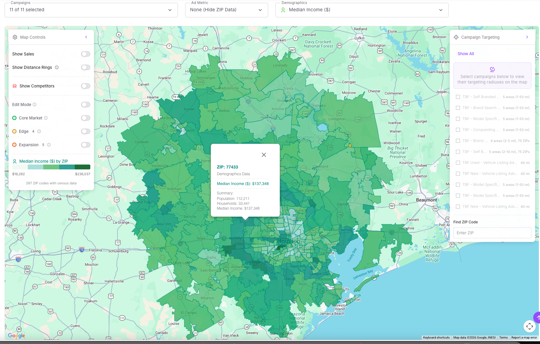 Demographics overlay showing median income by ZIP code