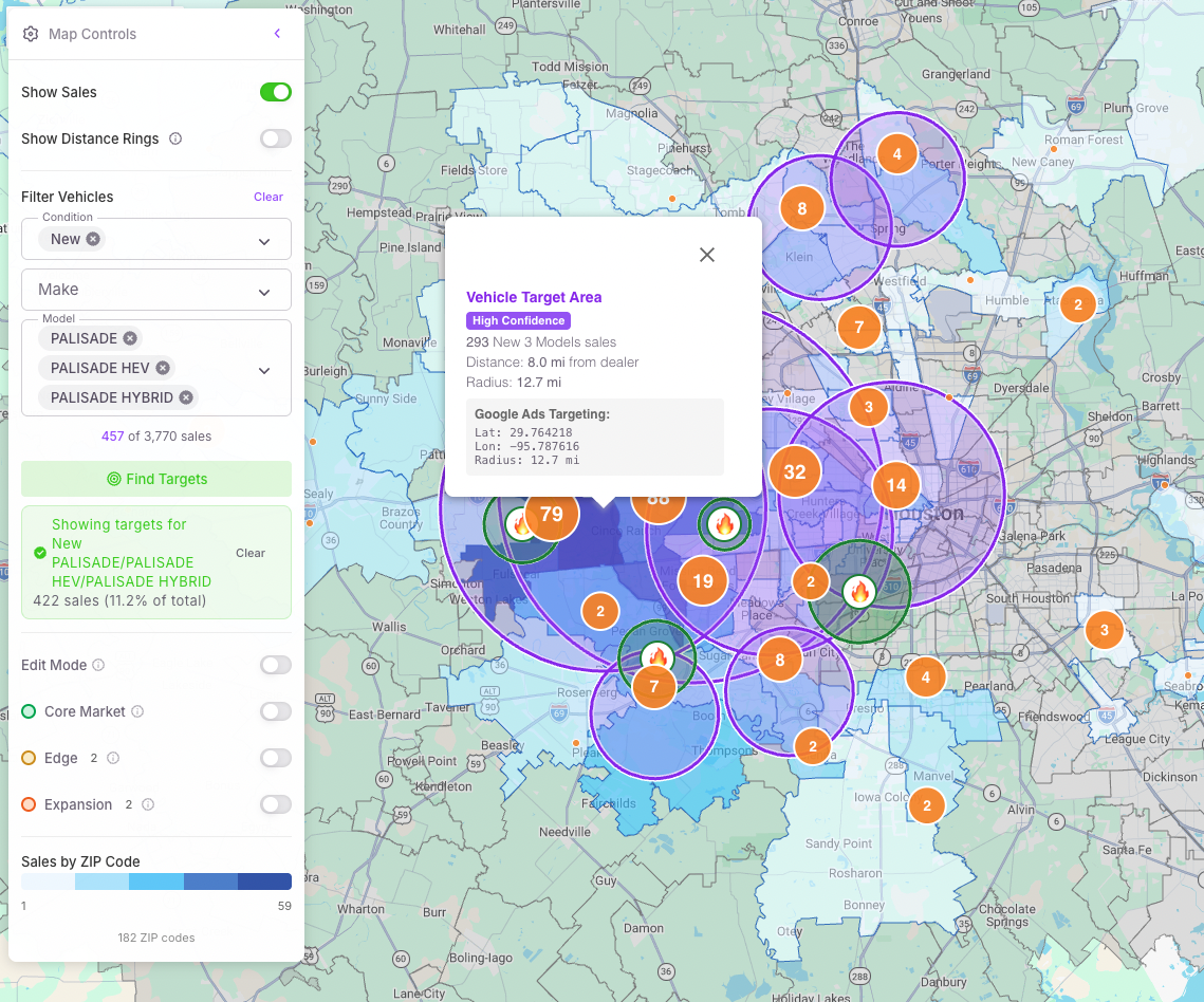 Model-specific targeting showing vehicle filter and Google Ads targeting coordinates